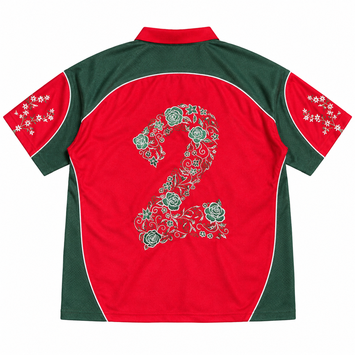 Morocco red-and-green jersey, back view with floral number 2