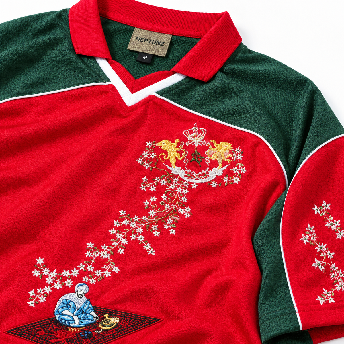 Close-up of embroidery on the Morocco red-and-green jersey