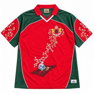 Morocco red-and-green botanical embroidered jersey, front view