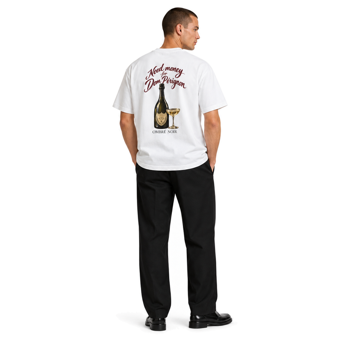Need Money for Dom Pérignon Box Tee — full-body model view