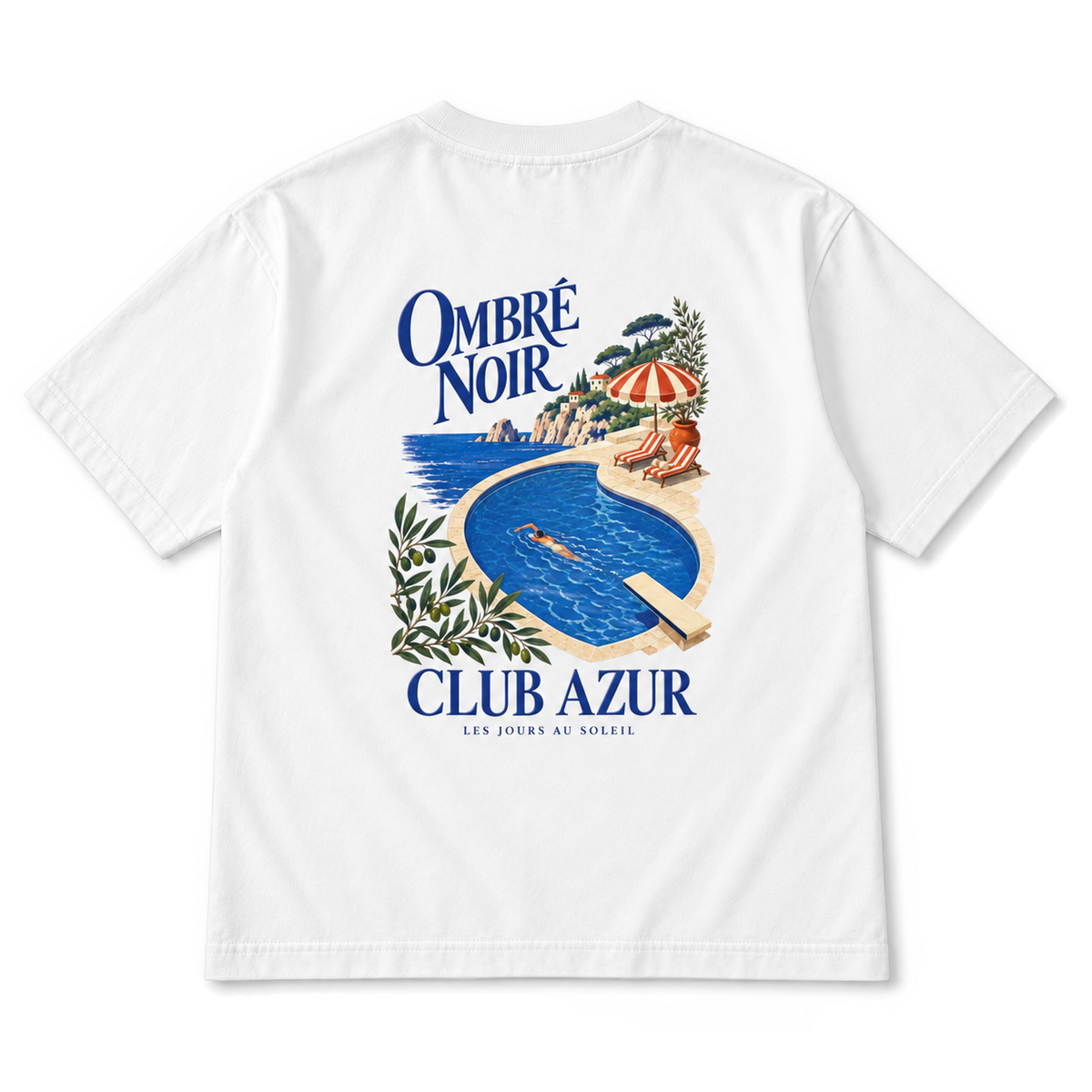 Club Azur Graphic Tee in White, back view with vintage coastal illustration