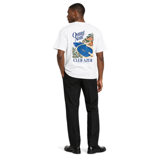 Male model wearing Club Azur Graphic Tee in White, back print visible