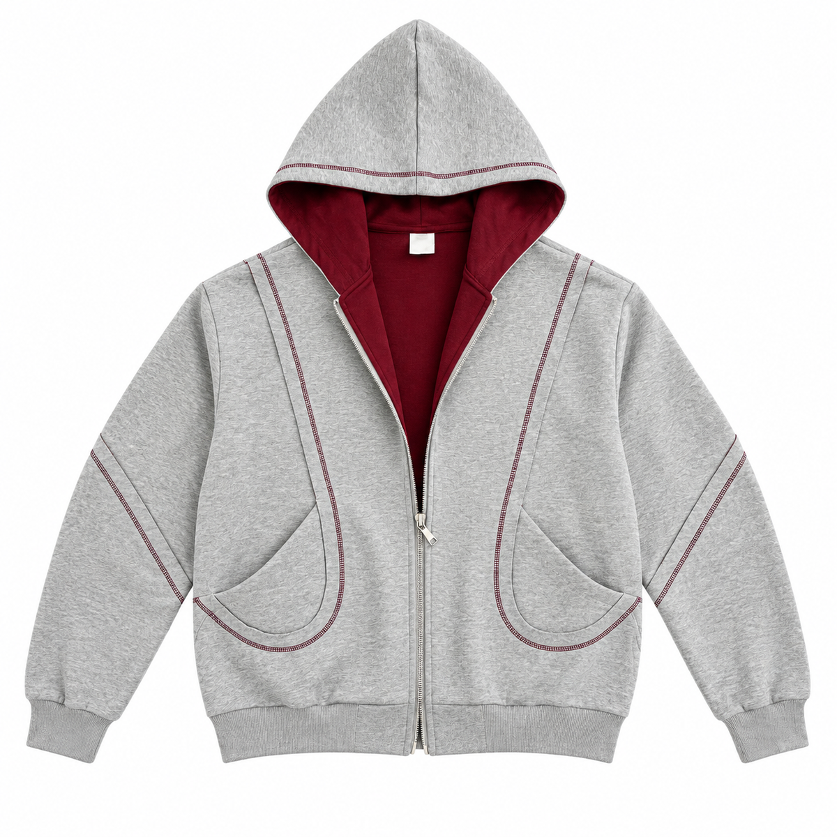 Contour zip hoodie in grey with burgundy lining — front view
