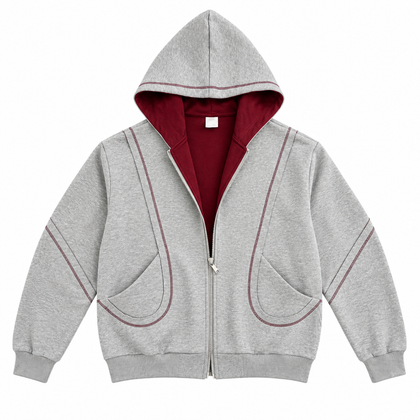 Contour zip hoodie in grey with burgundy lining — front view