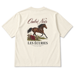 Les Écuries Graphic Tee in Faded Cream, back view with equestrian illustration