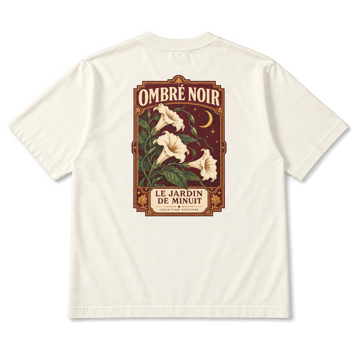 Le Jardin de Minuit Graphic Tee in Faded Cream, back view with moonlit flowers in a botanical frame