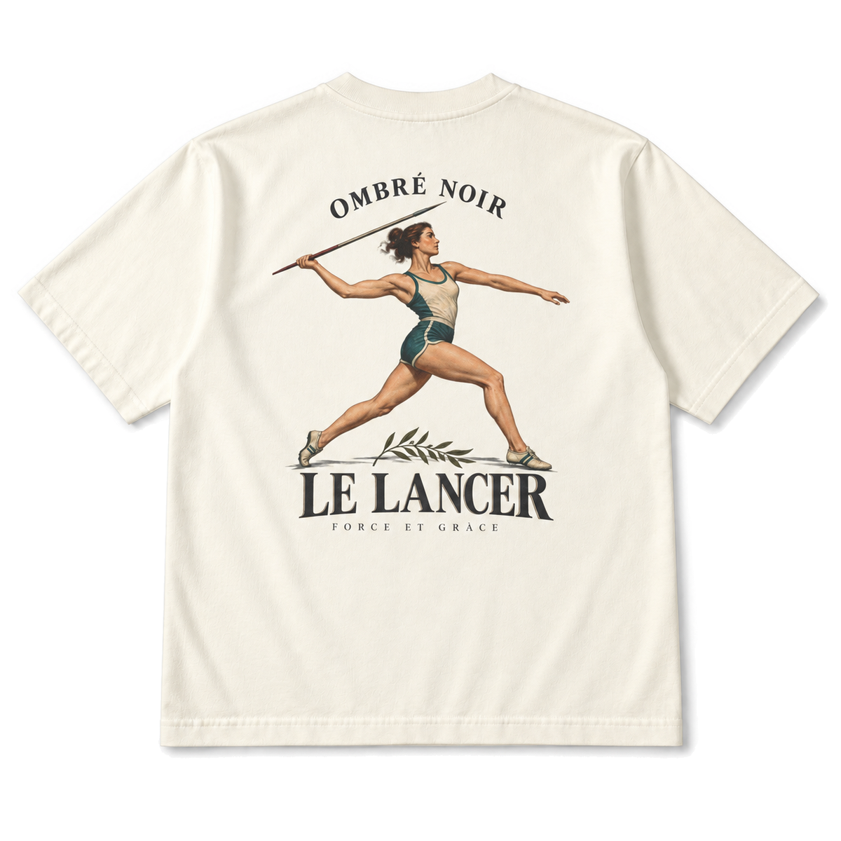 Le Lancer Graphic Tee in Faded Cream, back view with vintage javelin illustration