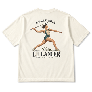 Le Lancer Graphic Tee in Faded Cream, back view with vintage javelin illustration