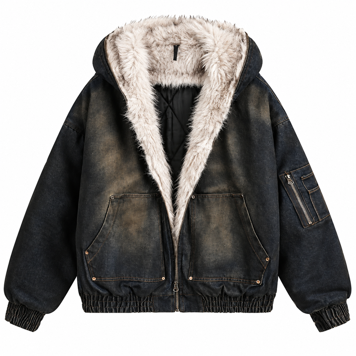 Brume Lined Denim Hooded Jacket in Washed Black, front view