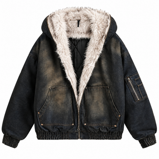 Brume Lined Denim Hooded Jacket in Washed Black, front view