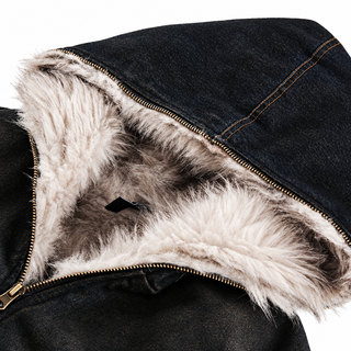 Brume washed black denim jacket, plush hood lining and front zip detail