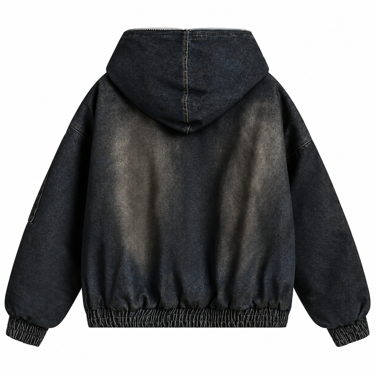Brume washed black denim jacket, back with hood and gathered hem