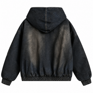 Brume washed black denim jacket, back with hood and gathered hem