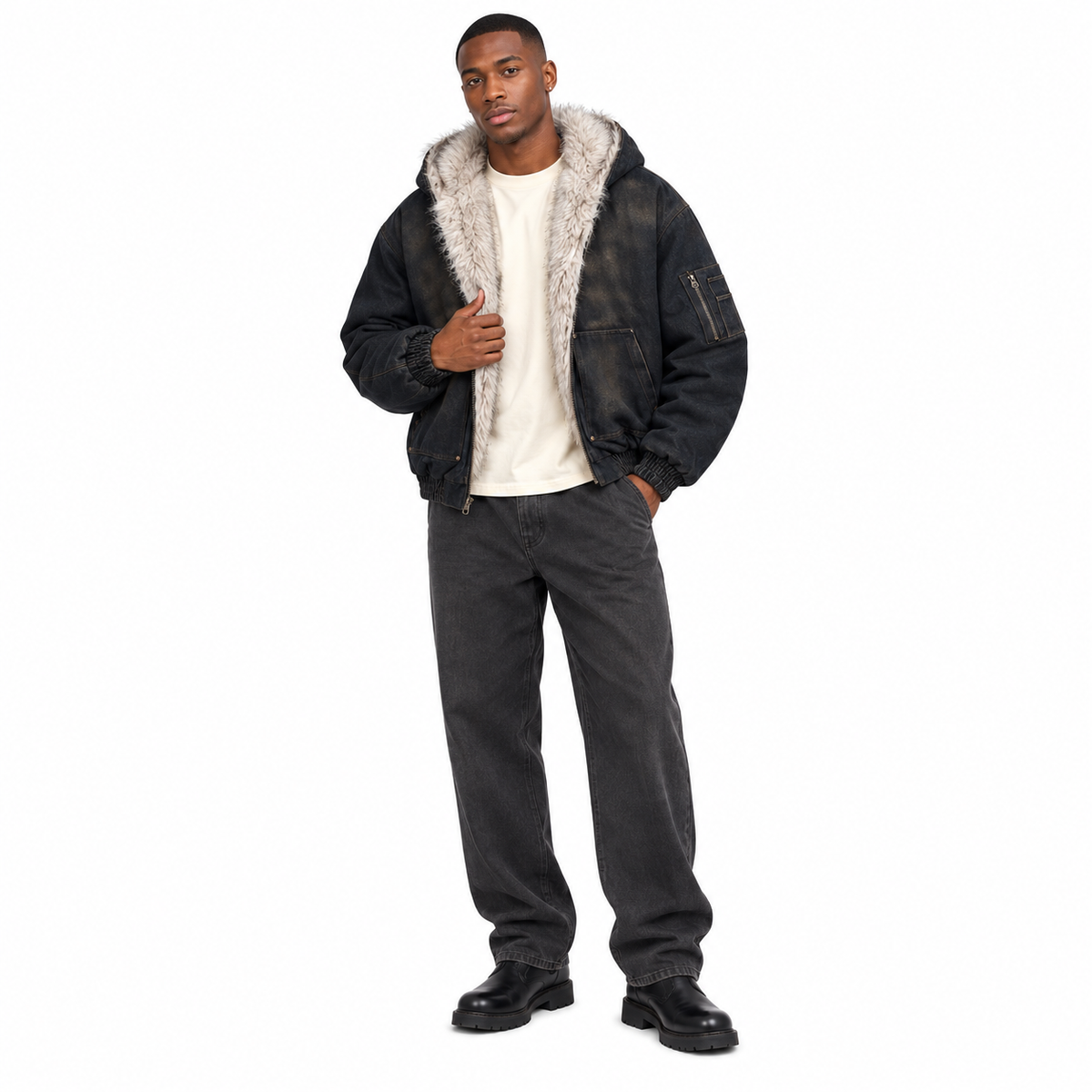 Model wearing the Brume washed black lined denim hooded jacket