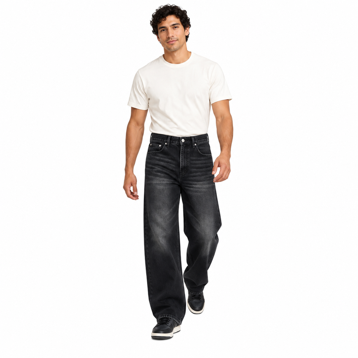 Model wearing Contour black-grey gradient wide-leg jeans