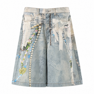 Fleur Trompe-L’Oeil Denim Shorts in Printed Blue, front view