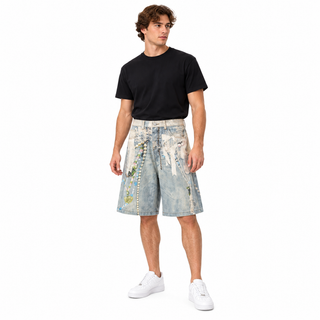Model wearing Fleur loose knee-length printed denim shorts