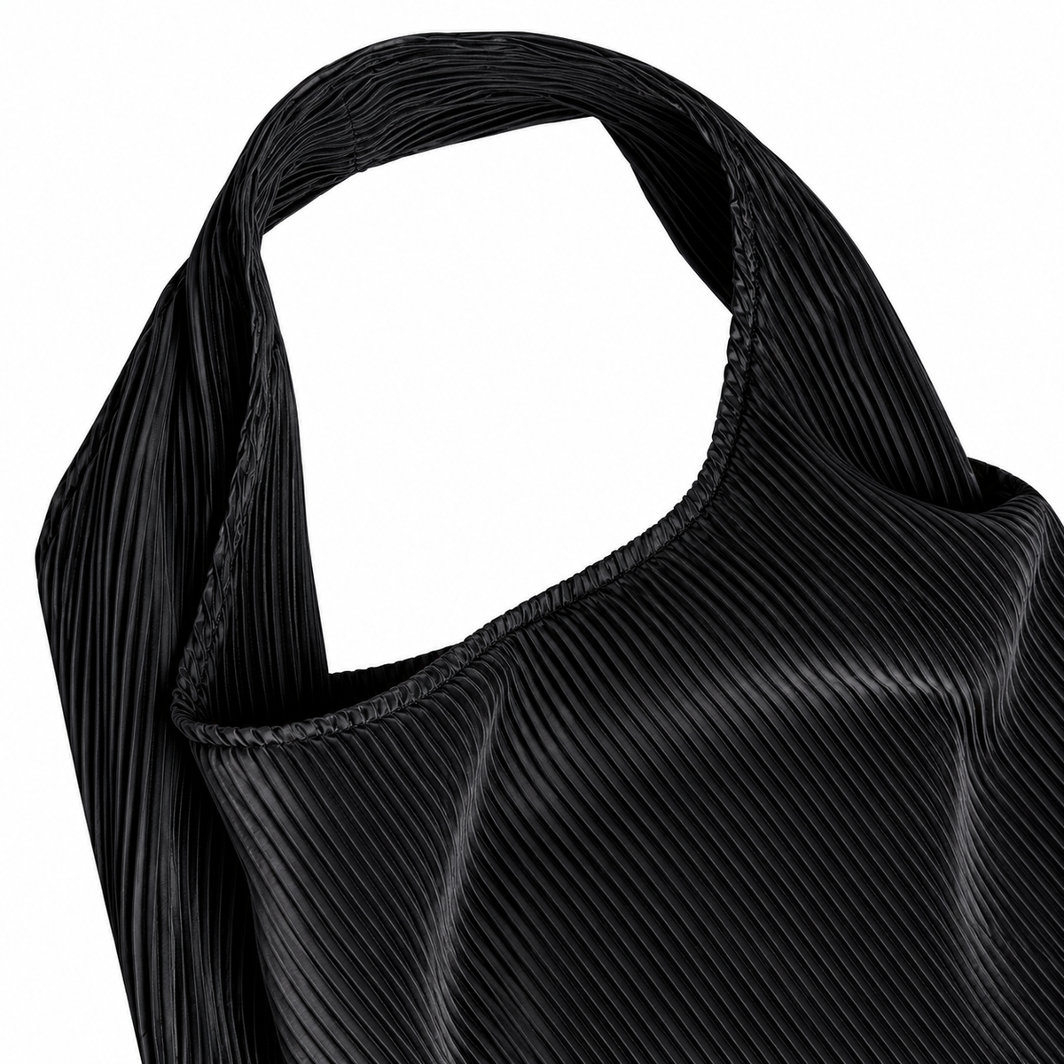 Plissé black shoulder tote, integrated handles and pleated fabric close-up