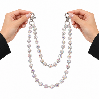 Prism iridescent beaded jean chain held by two hands for scale