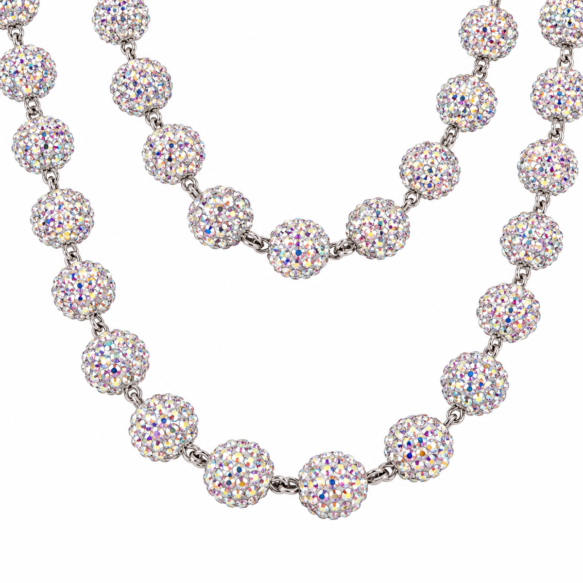 Prism iridescent jean chain, double strands and bead links close-up