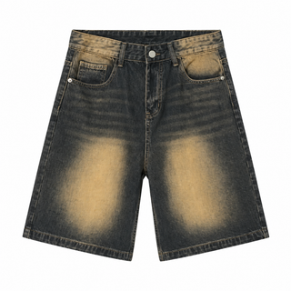 Silt Washed Denim Shorts in Brown Wash, front view
