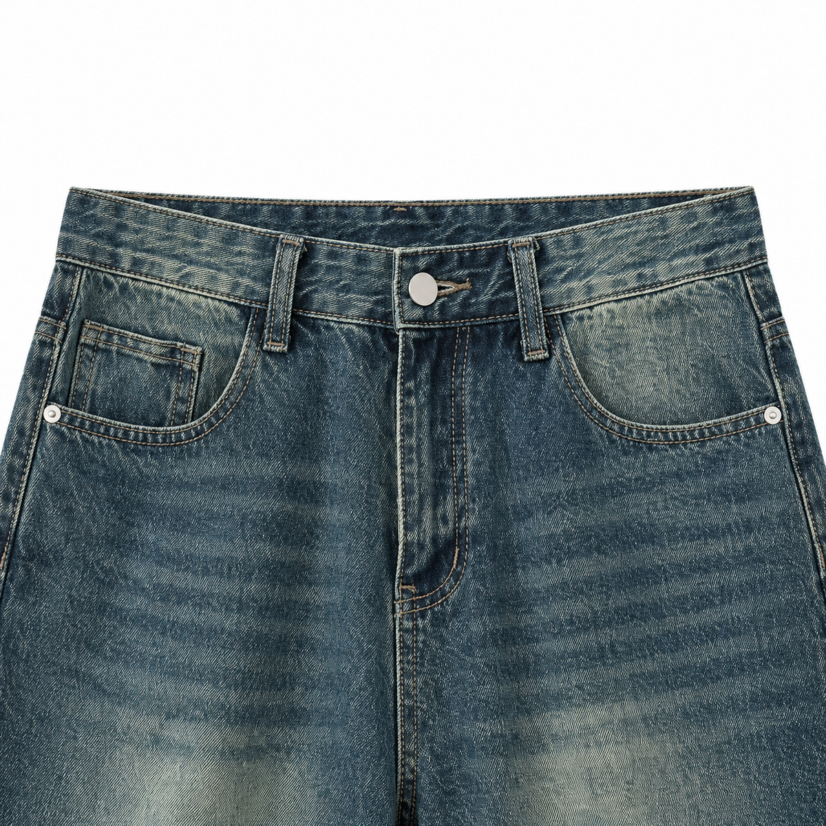 Silt blue washed denim shorts, waistband, front pockets and button detail