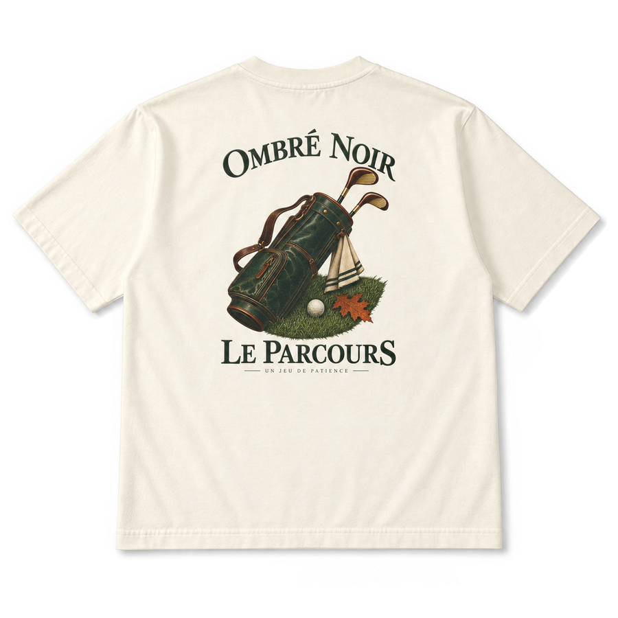 Le Parcours Graphic Tee in Faded Cream, back view with vintage golf bag illustration