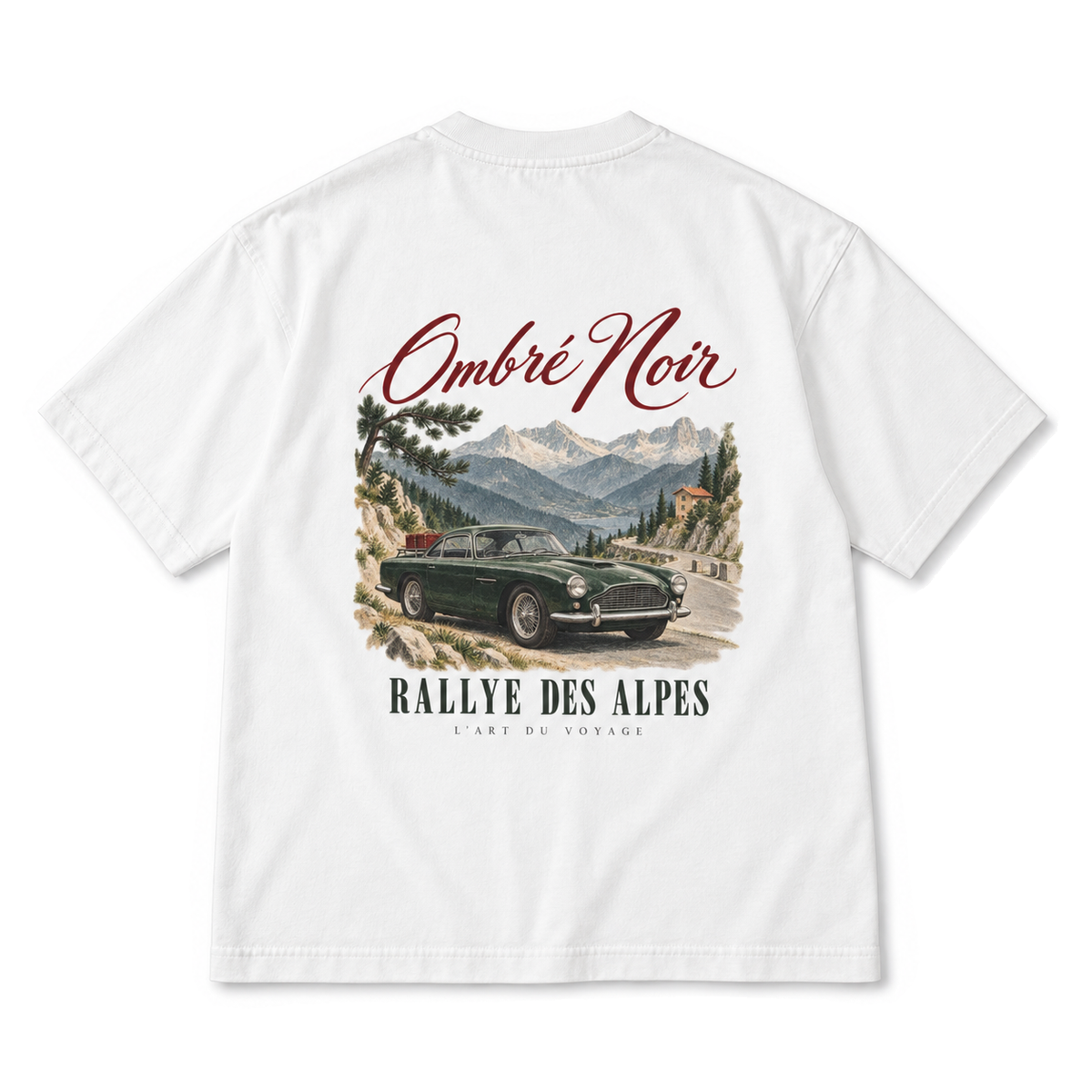 Rallye des Alpes Graphic Tee in White, back view with alpine road, mountain peaks and vintage green car