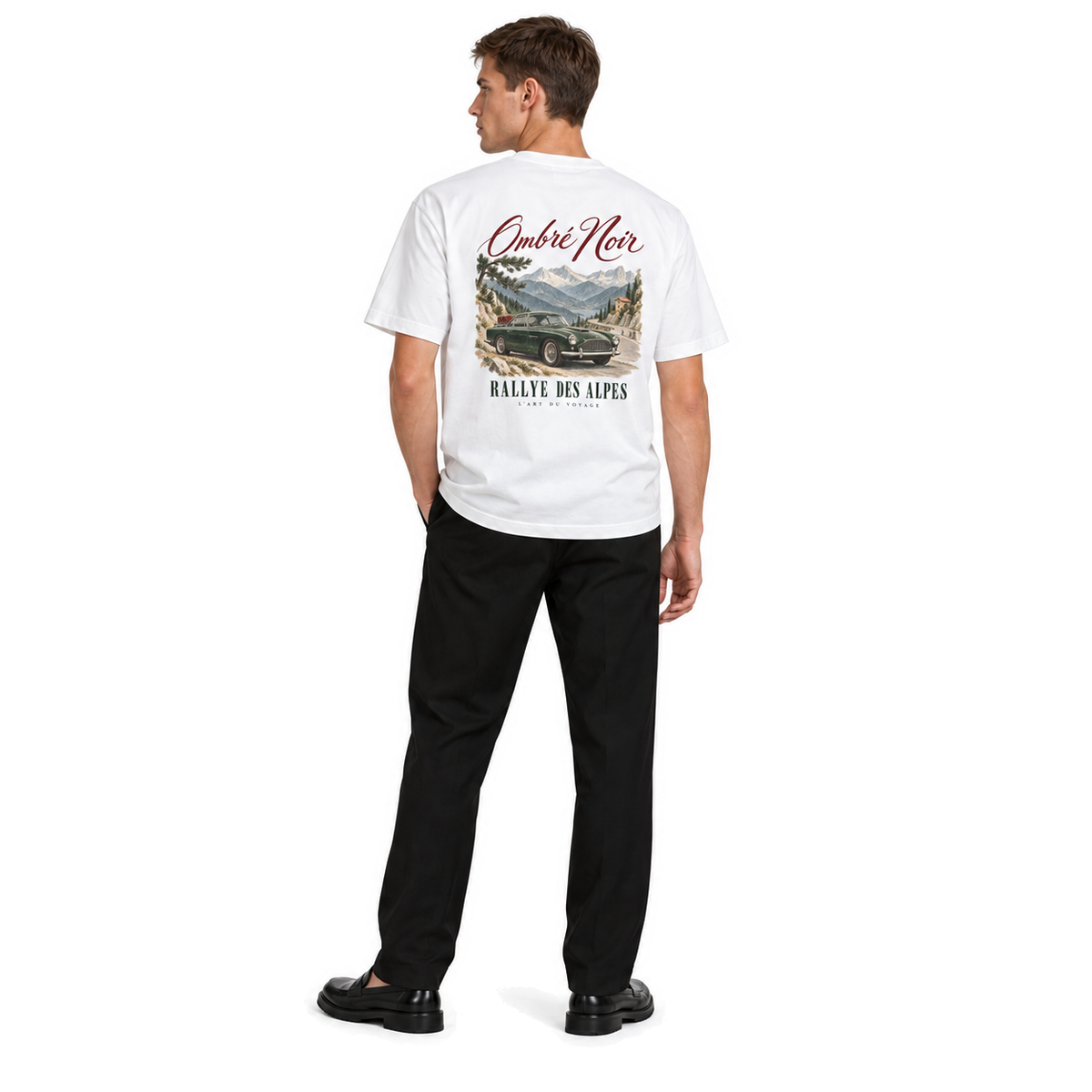 Male model wearing Rallye des Alpes Graphic Tee in White, back print visible