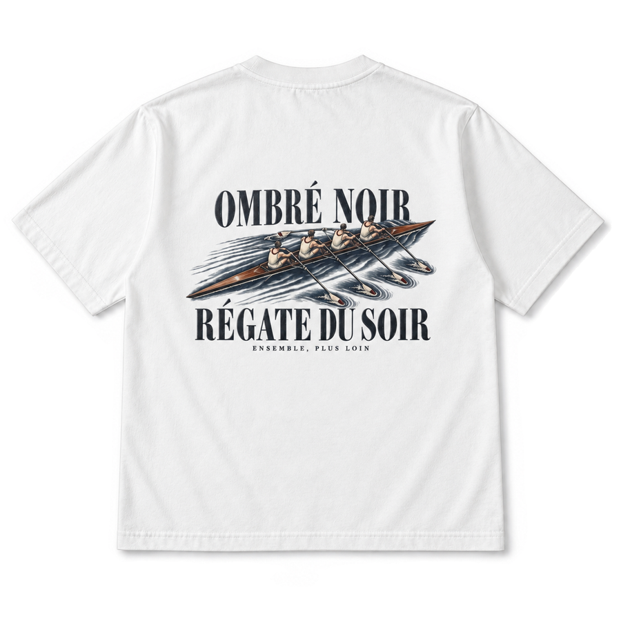 Régate du Soir Graphic Tee in Lunar Rock, back view with vintage rowing illustration