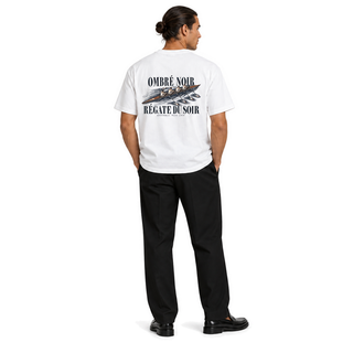 Male model wearing Régate du Soir Graphic Tee in Lunar Rock, back print visible