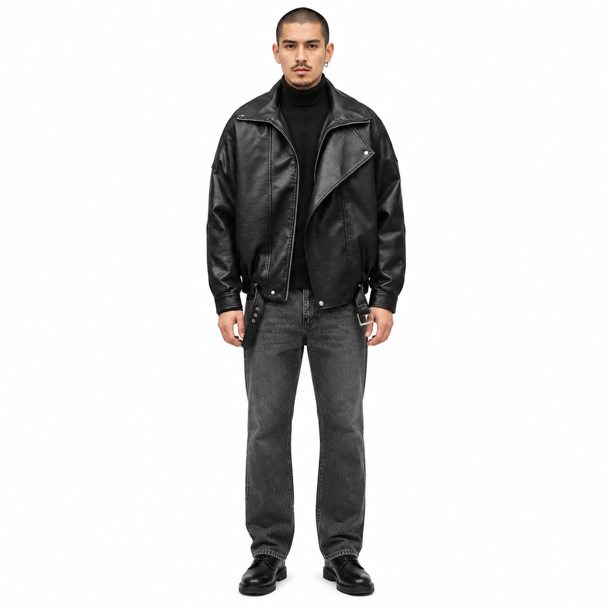Rider Faux-Leather Bomber Jacket — model
