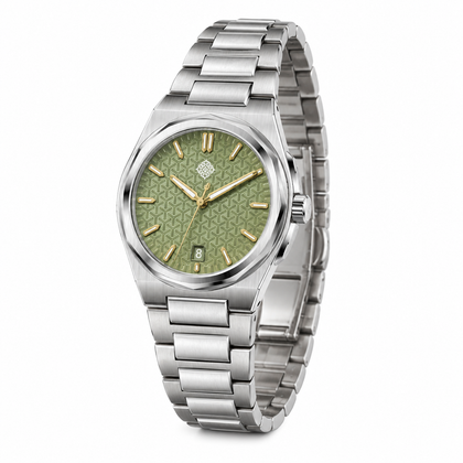 Aurora Mother-of-Pearl Automatic Watch — Avocado Green — three-quarter view