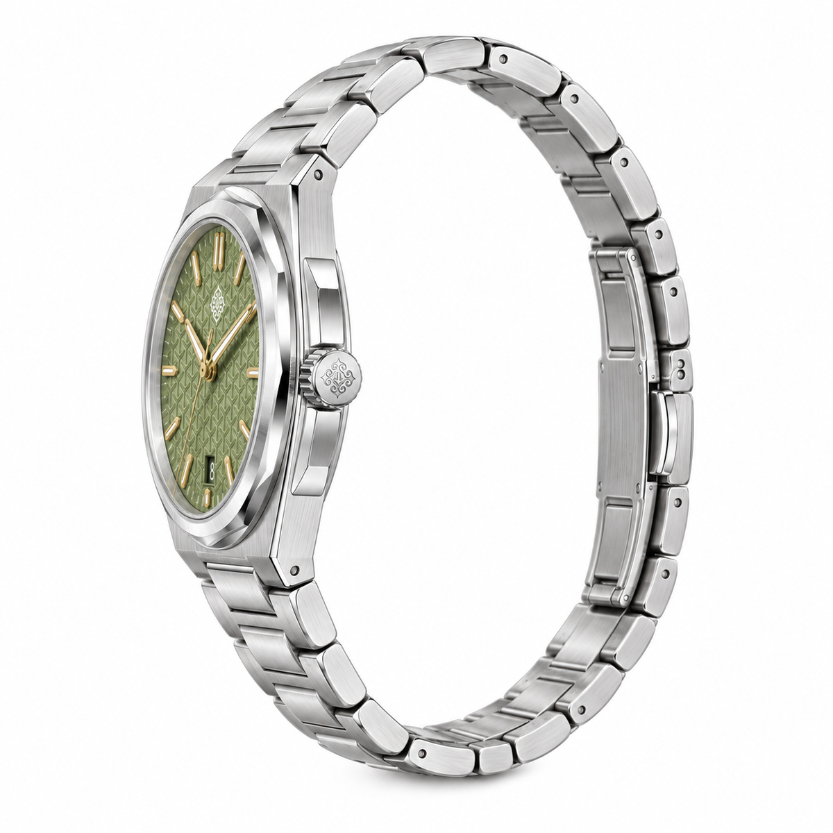 Aurora Mother-of-Pearl Automatic Watch — Avocado Green — crown-side profile