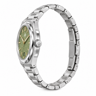 Aurora Mother-of-Pearl Automatic Watch — Avocado Green — crown-side profile