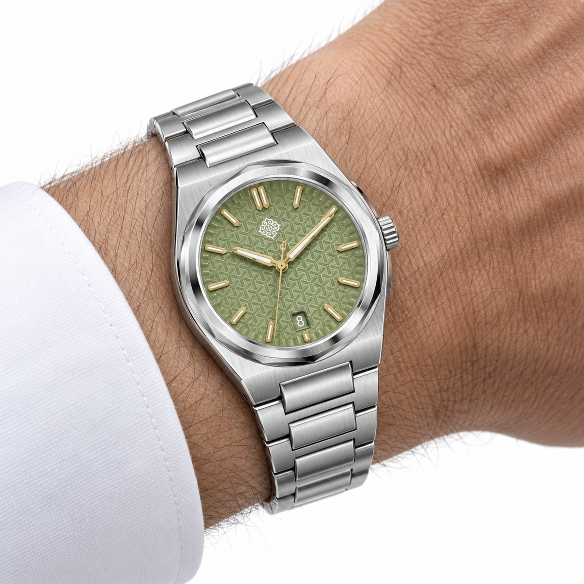 Aurora Mother-of-Pearl Automatic Watch — Avocado Green — worn on wrist