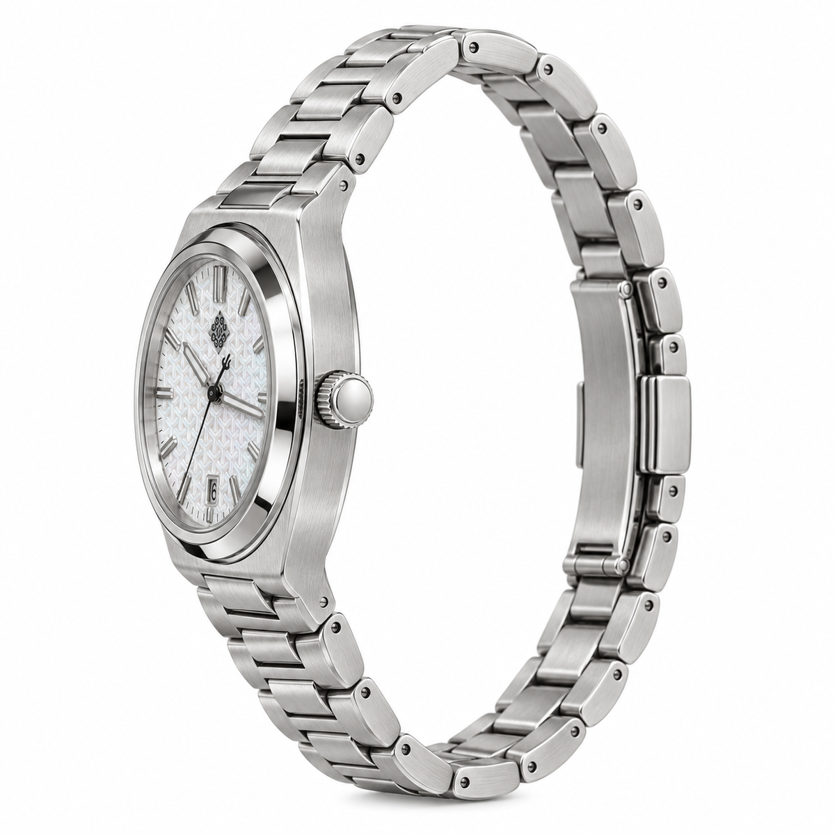 Armure Mother-of-Pearl Automatic Watch — White Mother-of-Pearl — crown-side profile