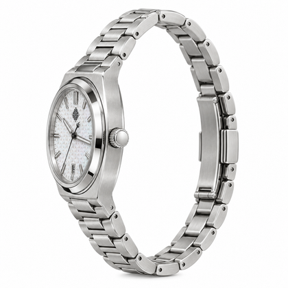 Armure Mother-of-Pearl Automatic Watch — White Mother-of-Pearl — crown-side profile