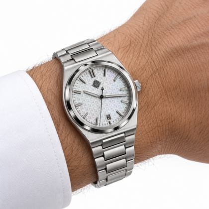 Armure Mother-of-Pearl Automatic Watch — White Mother-of-Pearl — worn on wrist