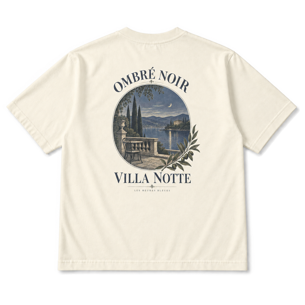 Villa Notte Graphic Tee in Faded Cream, back view with lakeside villa illustration