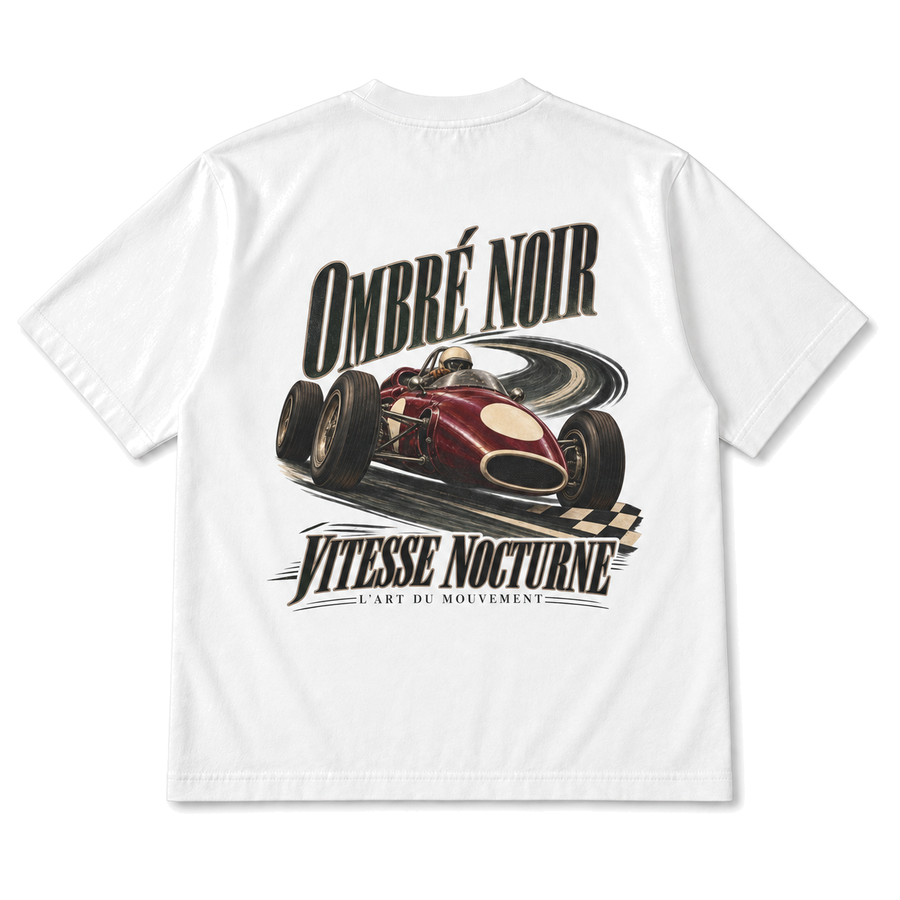 Vitesse Nocturne Graphic Tee in White, back view with vintage racing car and Ombré Noir lettering