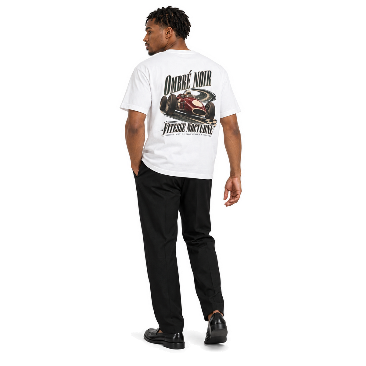 Male model wearing Vitesse Nocturne Graphic Tee in White, back print visible