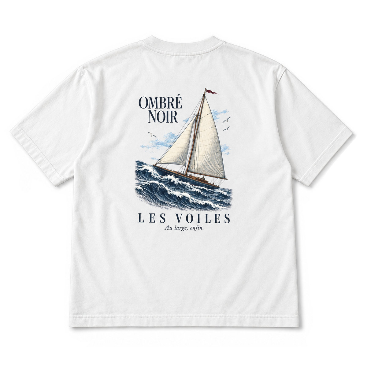 Les Voiles Graphic Tee in Lunar Rock, back view with vintage sailing illustration