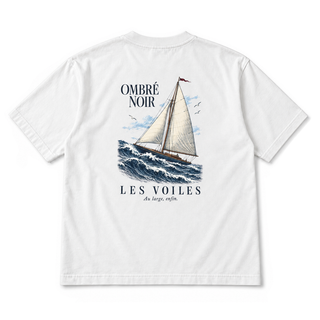 Les Voiles Graphic Tee in Lunar Rock, back view with vintage sailing illustration