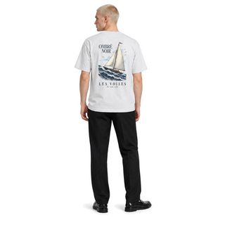 Male model wearing Les Voiles Graphic Tee in Lunar Rock, back print visible