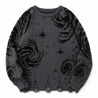 Close-up of Orbit Ash celestial knit pattern, ladder holes and frayed edge