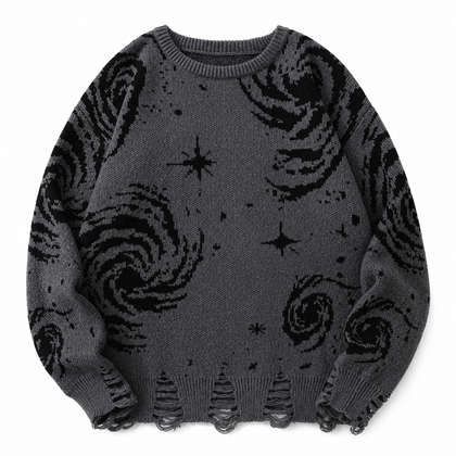 Close-up of Orbit Ash celestial knit pattern, ladder holes and frayed edge