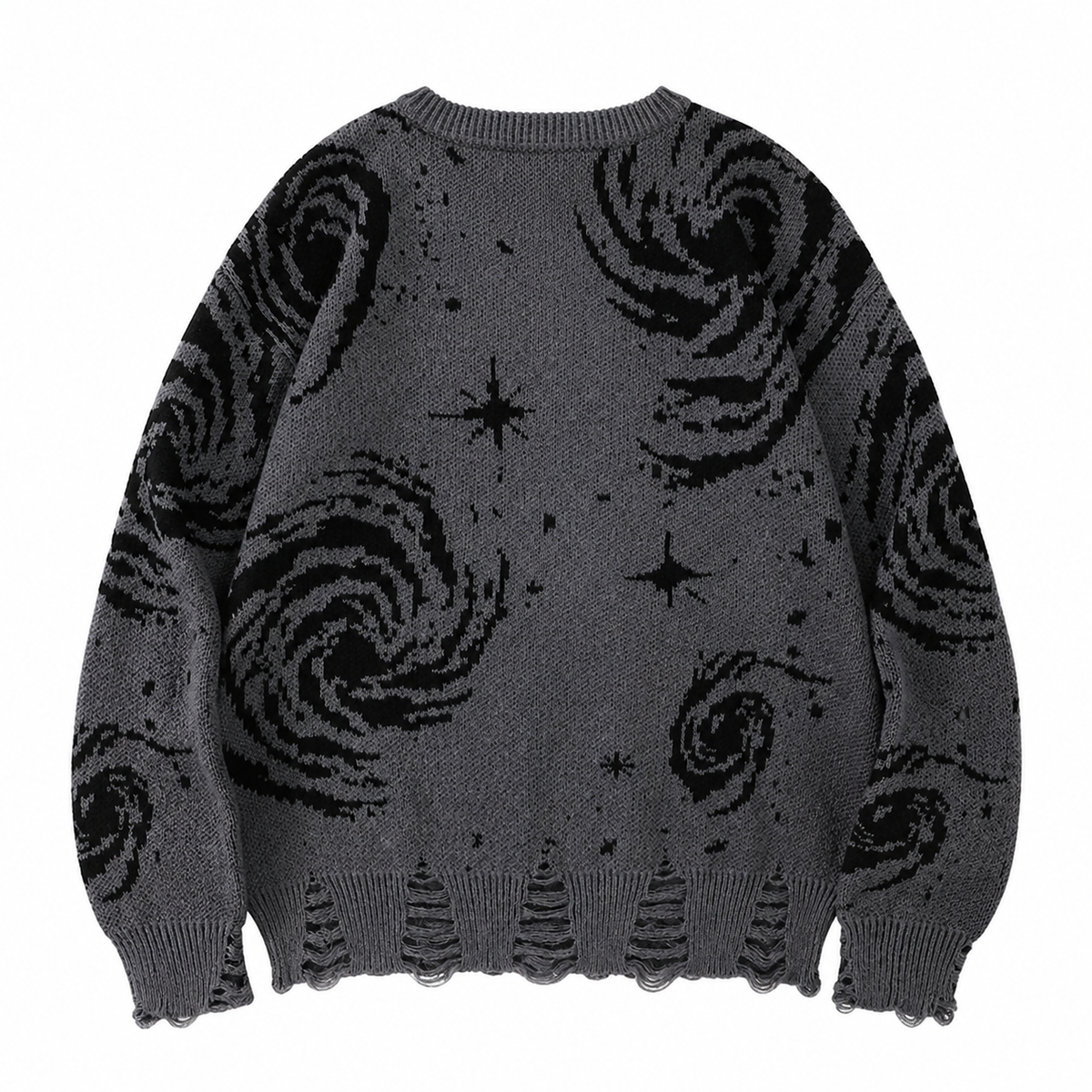 Back view of Orbit Ash charcoal distressed celestial knit