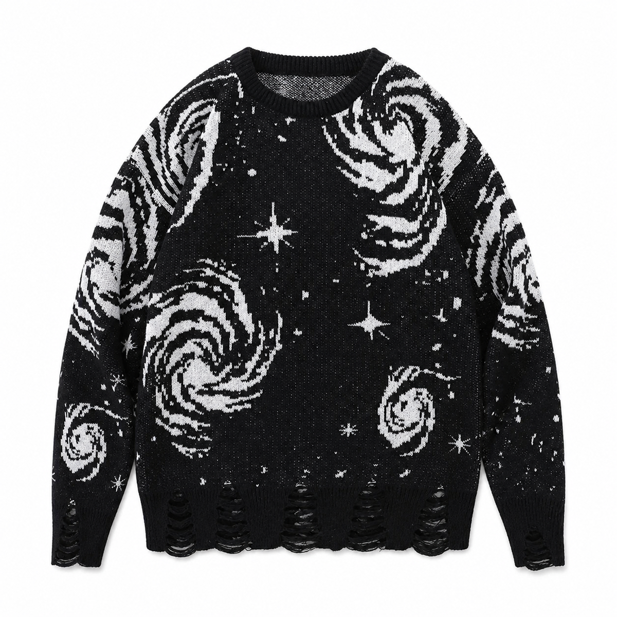Orbit Noir black distressed knit with white celestial pattern, front view