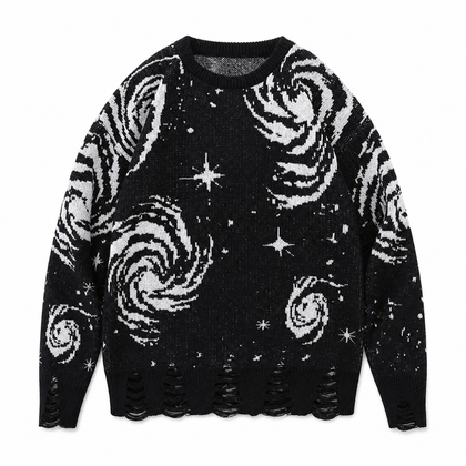 Orbit Noir black distressed knit with white celestial pattern, front view